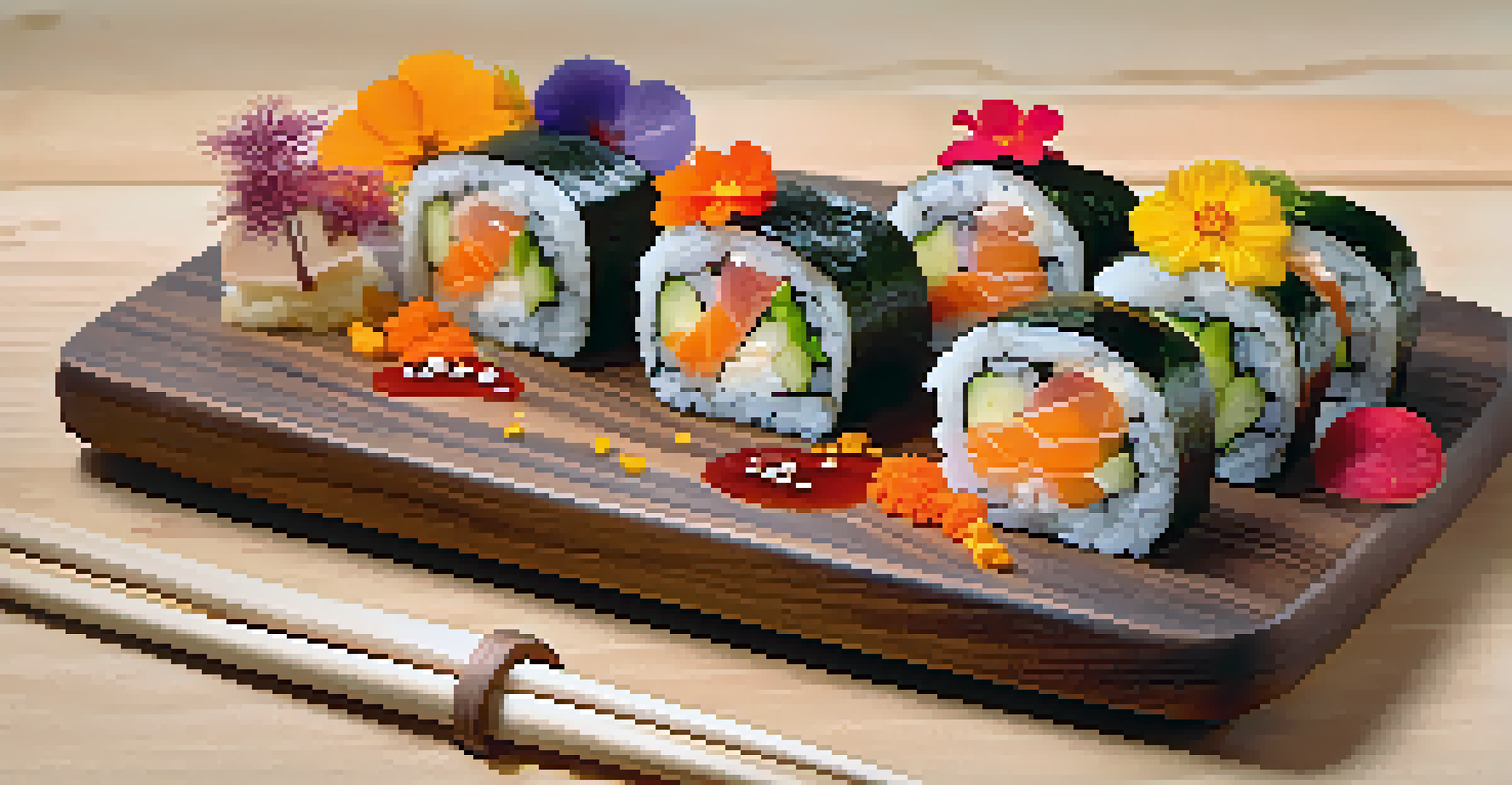 A sushi roll filled with roasted vegetables on a wooden board, garnished with edible flowers, pickled ginger, and wasabi.