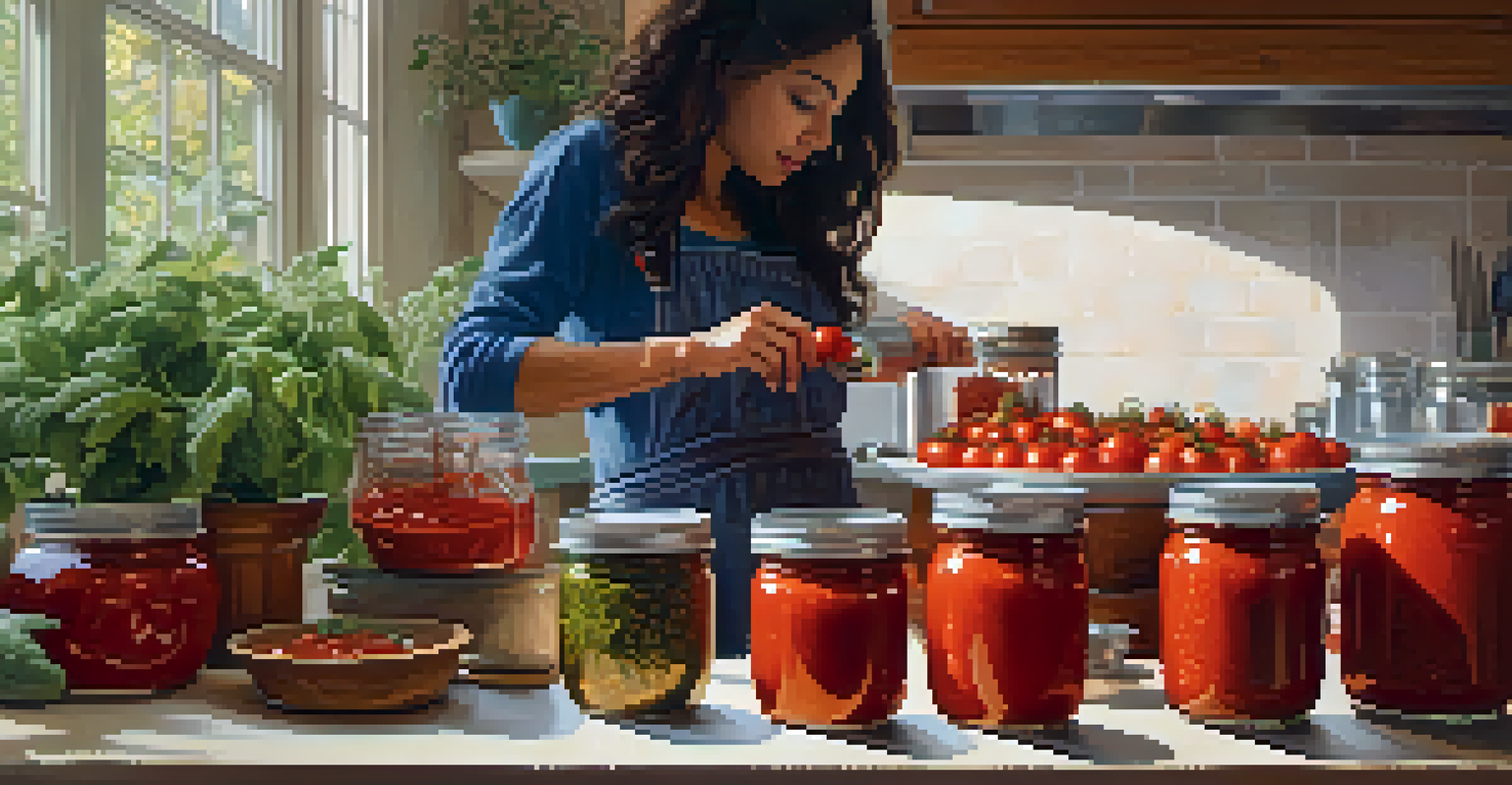 A person in a cozy kitchen preserving seasonal tomatoes in jars, surrounded by fresh produce and warm lighting.
