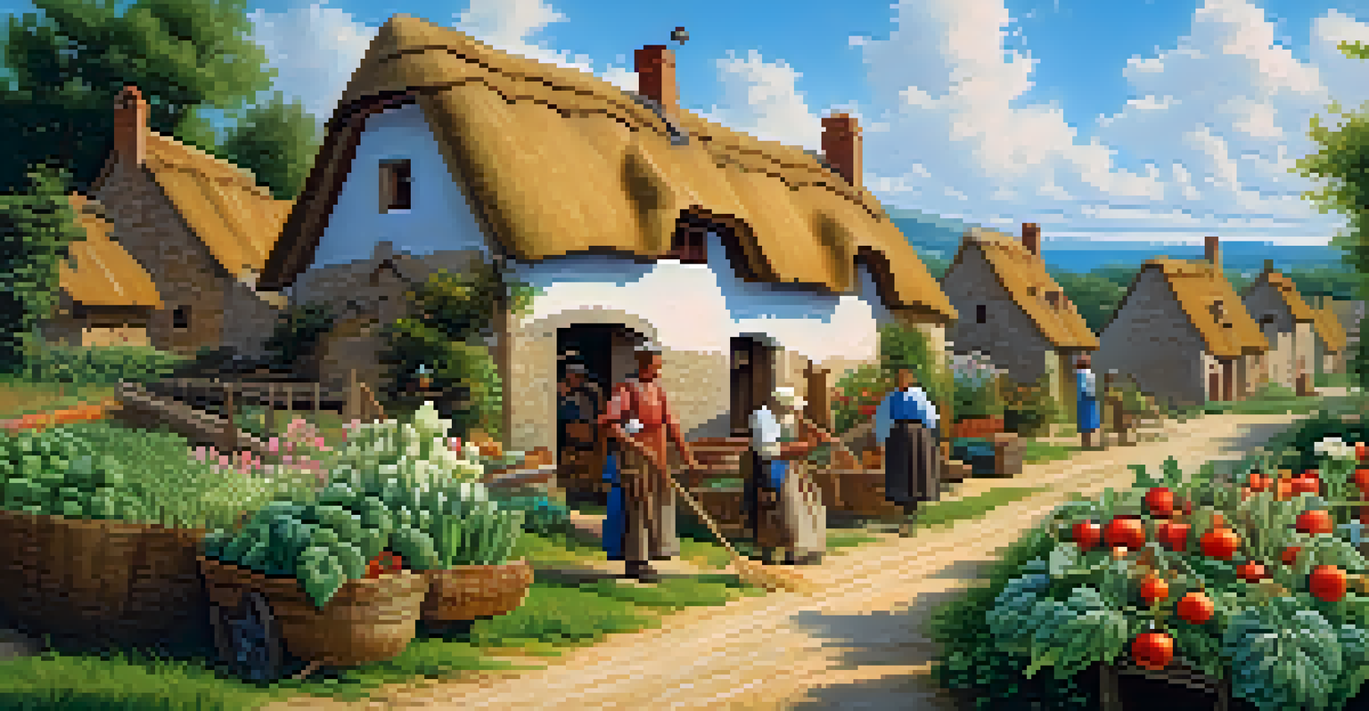 A charming medieval village with peasants harvesting vegetables in a sunny field, surrounded by cottages and greenery.
