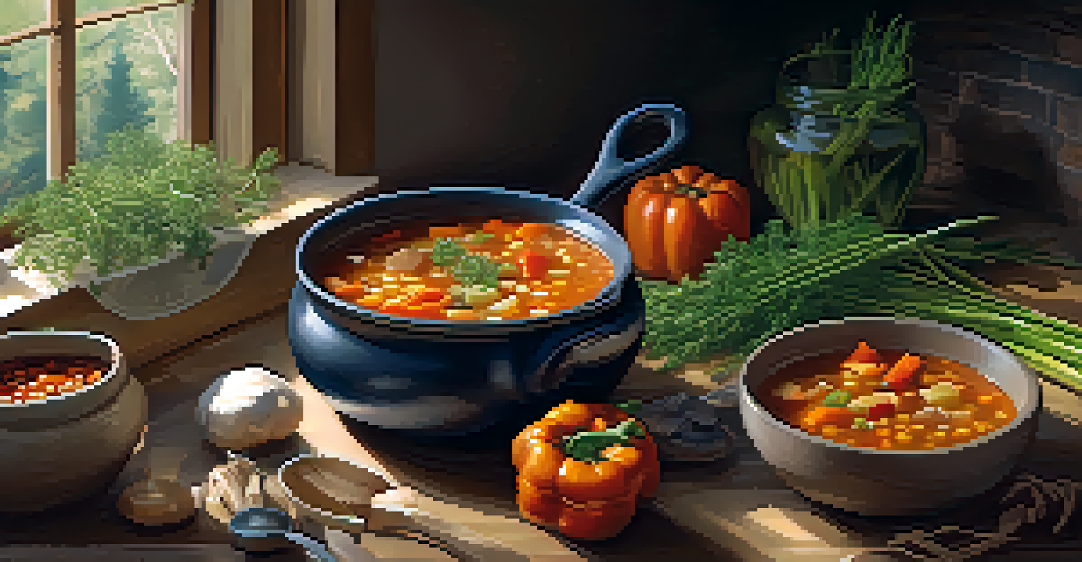 A pot of vegetable soup simmering on the stove with dried vegetables and a bowl of soup in the foreground.