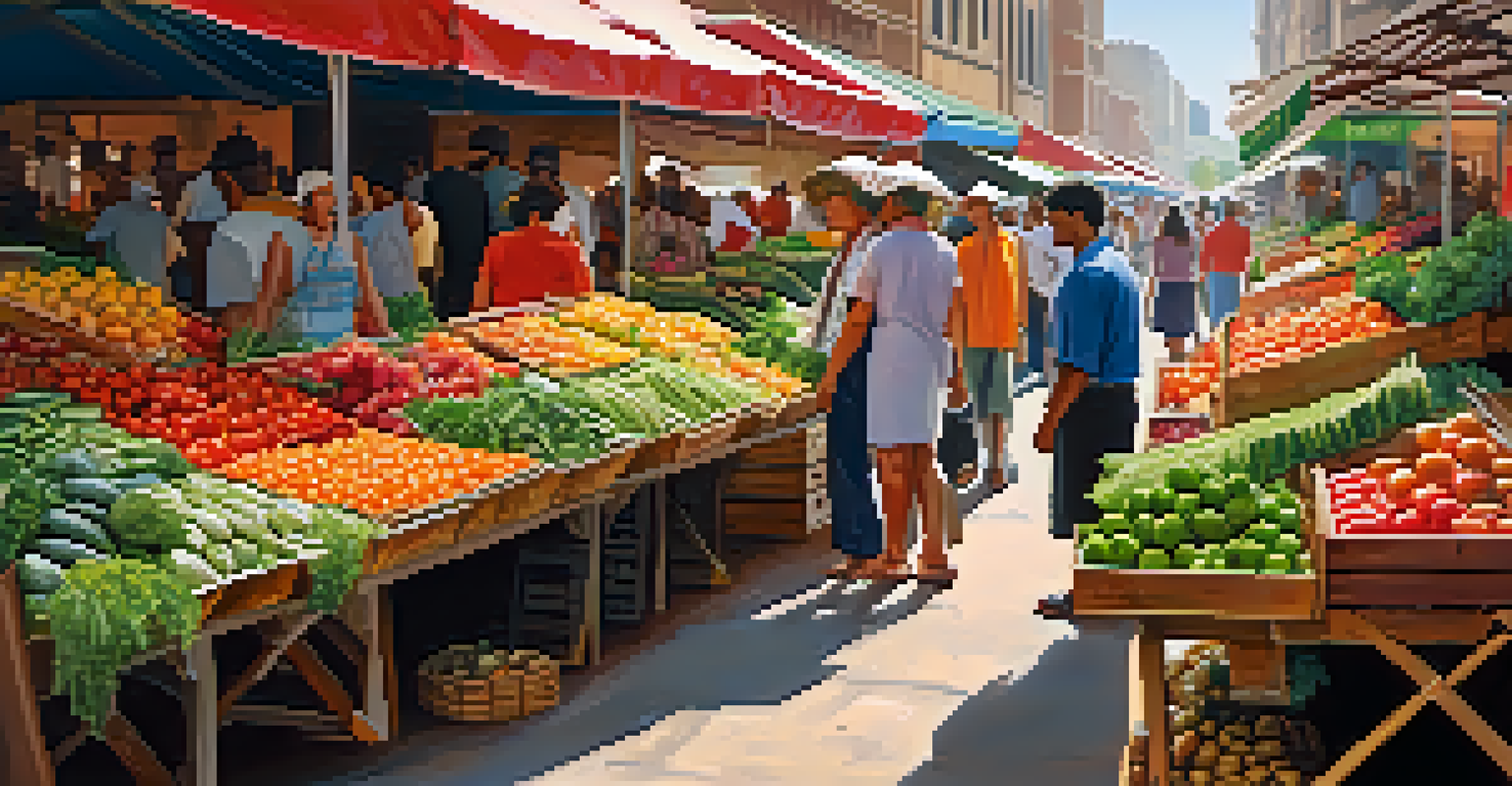 A bustling market filled with fresh vegetables and fruits, with shoppers interacting with vendors under bright sunlight.