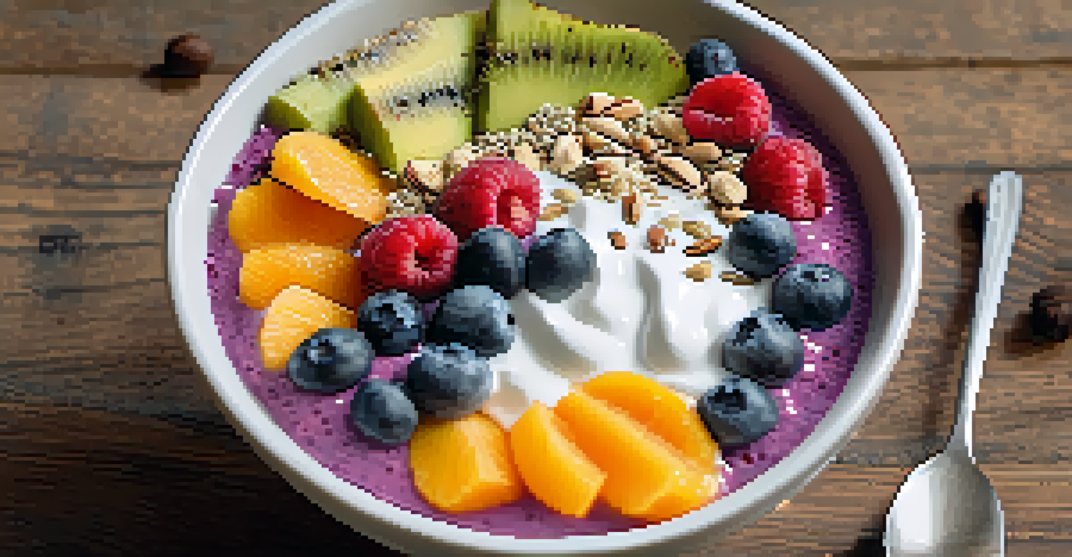 A colorful smoothie bowl topped with fruits, yogurt, and nuts, placed on a wooden countertop with morning light.