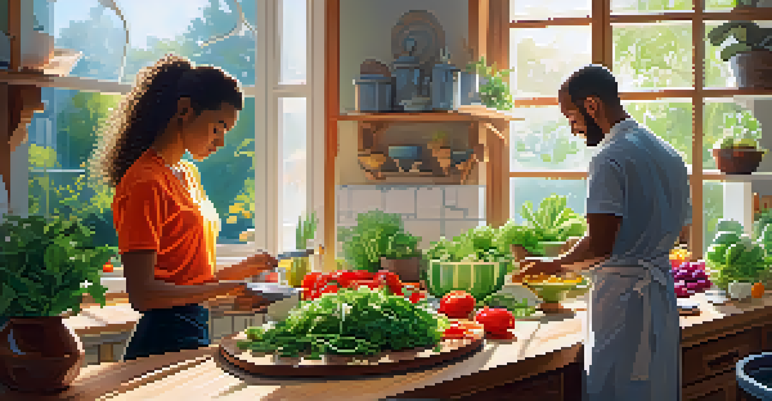 A chef preparing a colorful plant-based salad in a modern kitchen, with fresh ingredients and sunlight streaming through a window.