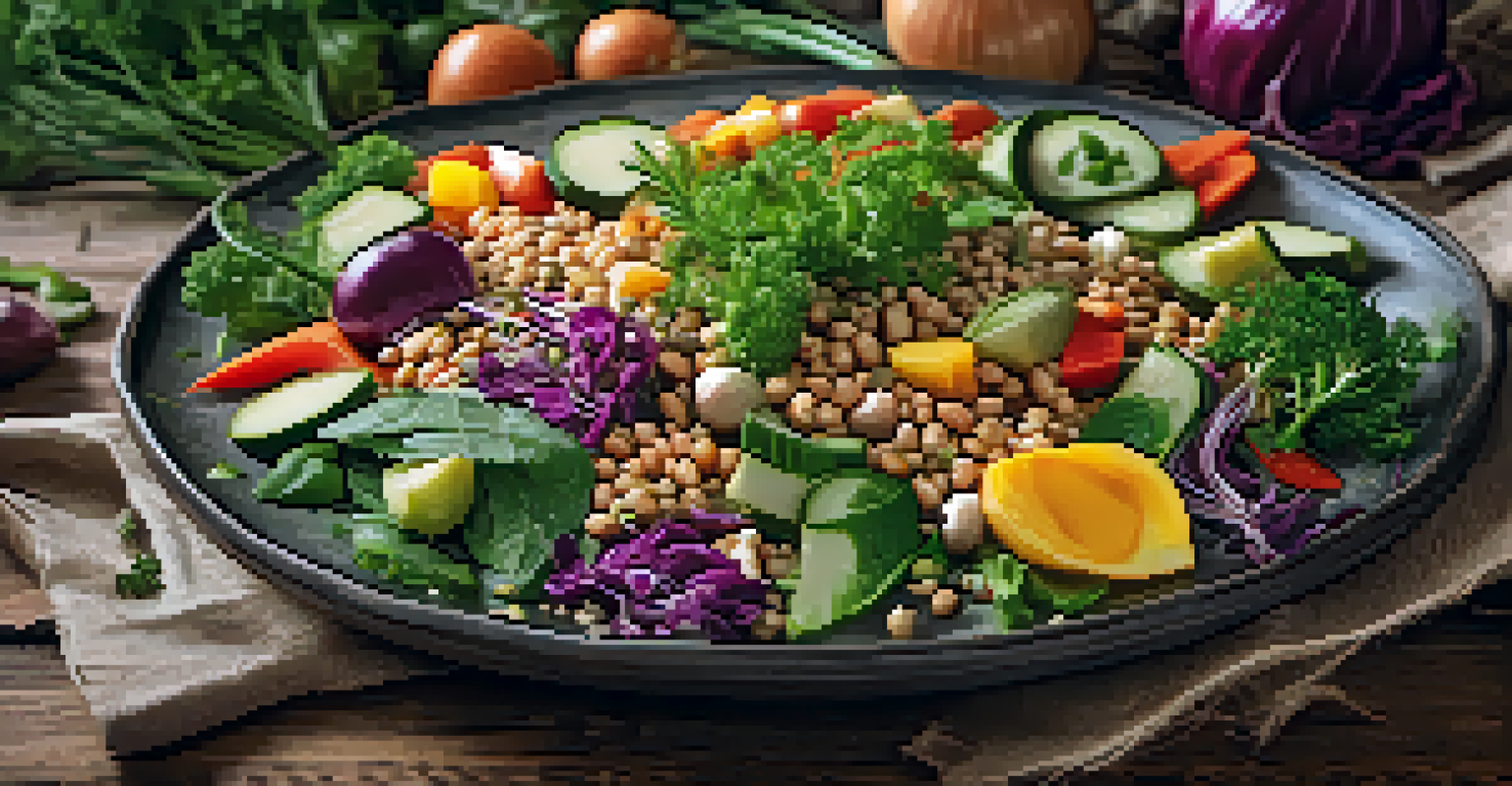 A close-up view of a colorful vegetarian dish made with fresh vegetables and herbs, beautifully arranged on a wooden table.