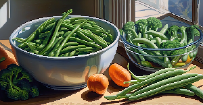 A colorful arrangement of freshly blanched and shocked green beans, broccoli, and carrots on a wooden cutting board, illuminated by natural light.