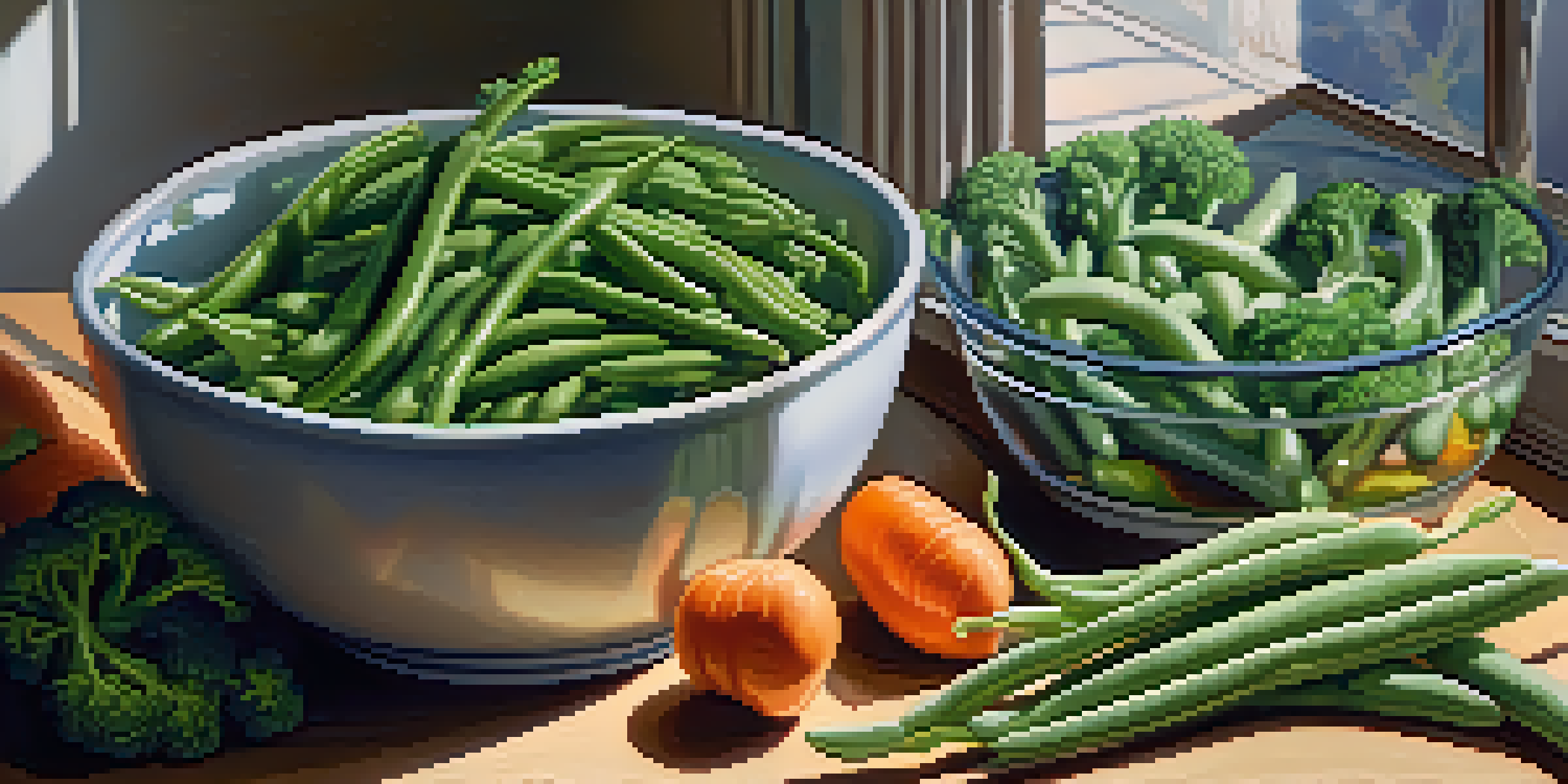 A colorful arrangement of freshly blanched and shocked green beans, broccoli, and carrots on a wooden cutting board, illuminated by natural light.