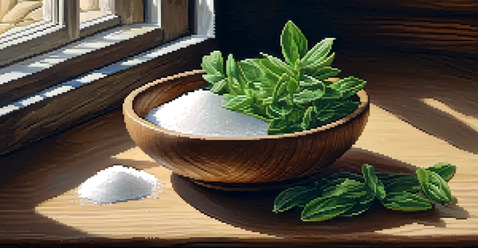 A wooden bowl containing different plant-based sweeteners like stevia leaves and monk fruit, with soft natural light illuminating the scene.