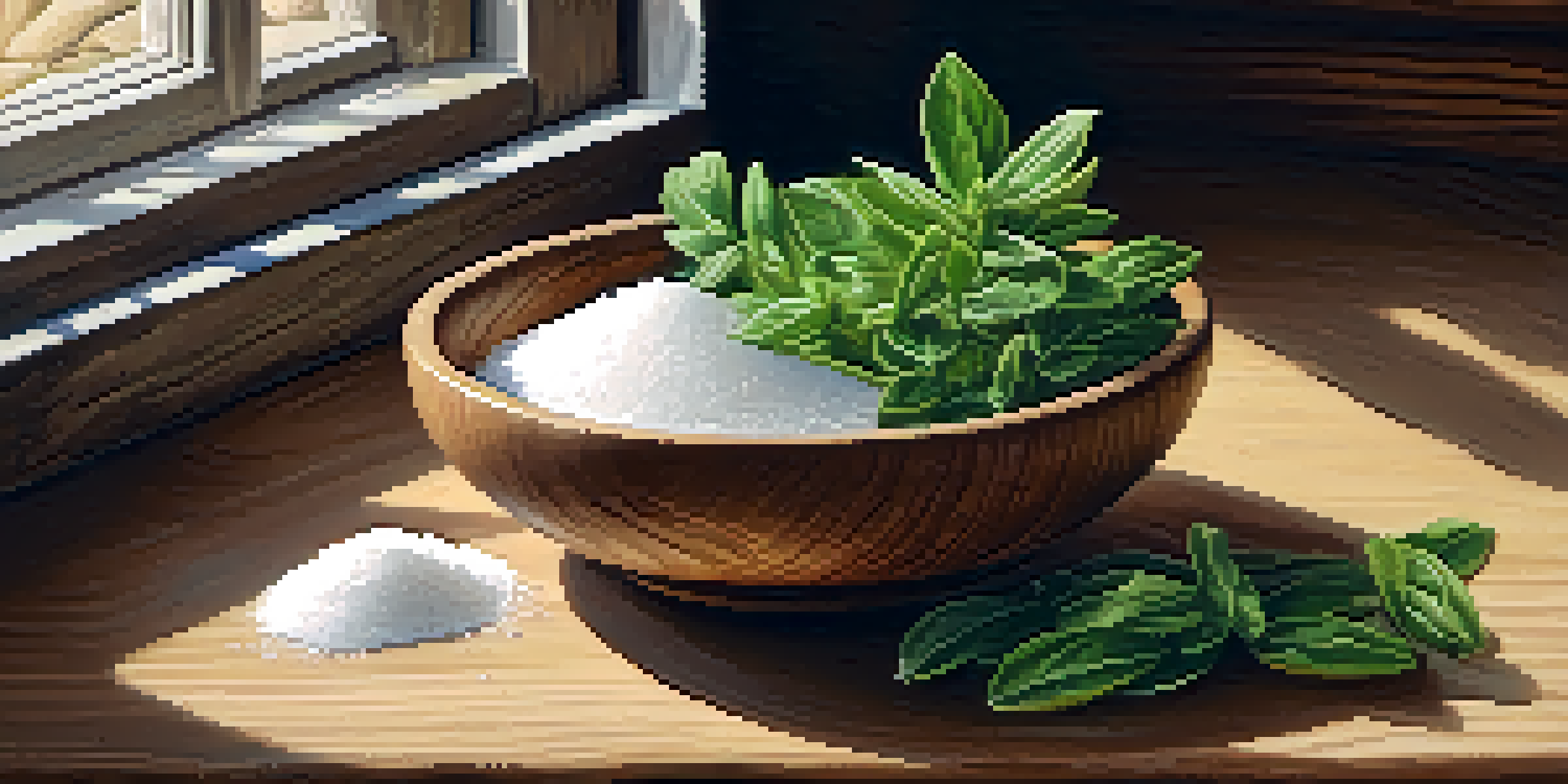 A wooden bowl containing different plant-based sweeteners like stevia leaves and monk fruit, with soft natural light illuminating the scene.
