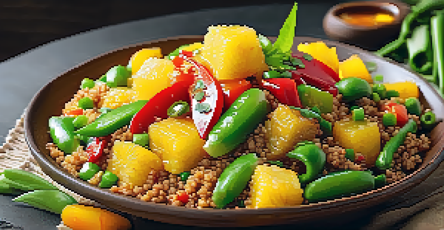 A bowl of sweet and sour pineapple stir-fry with colorful vegetables and quinoa, garnished with cilantro, in warm lighting.