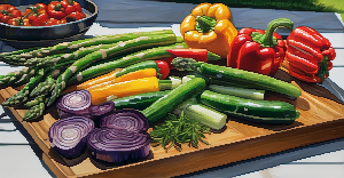A colorful platter of grilled vegetables like bell peppers, zucchini, and asparagus in a sunny backyard setting with a charcoal grill.