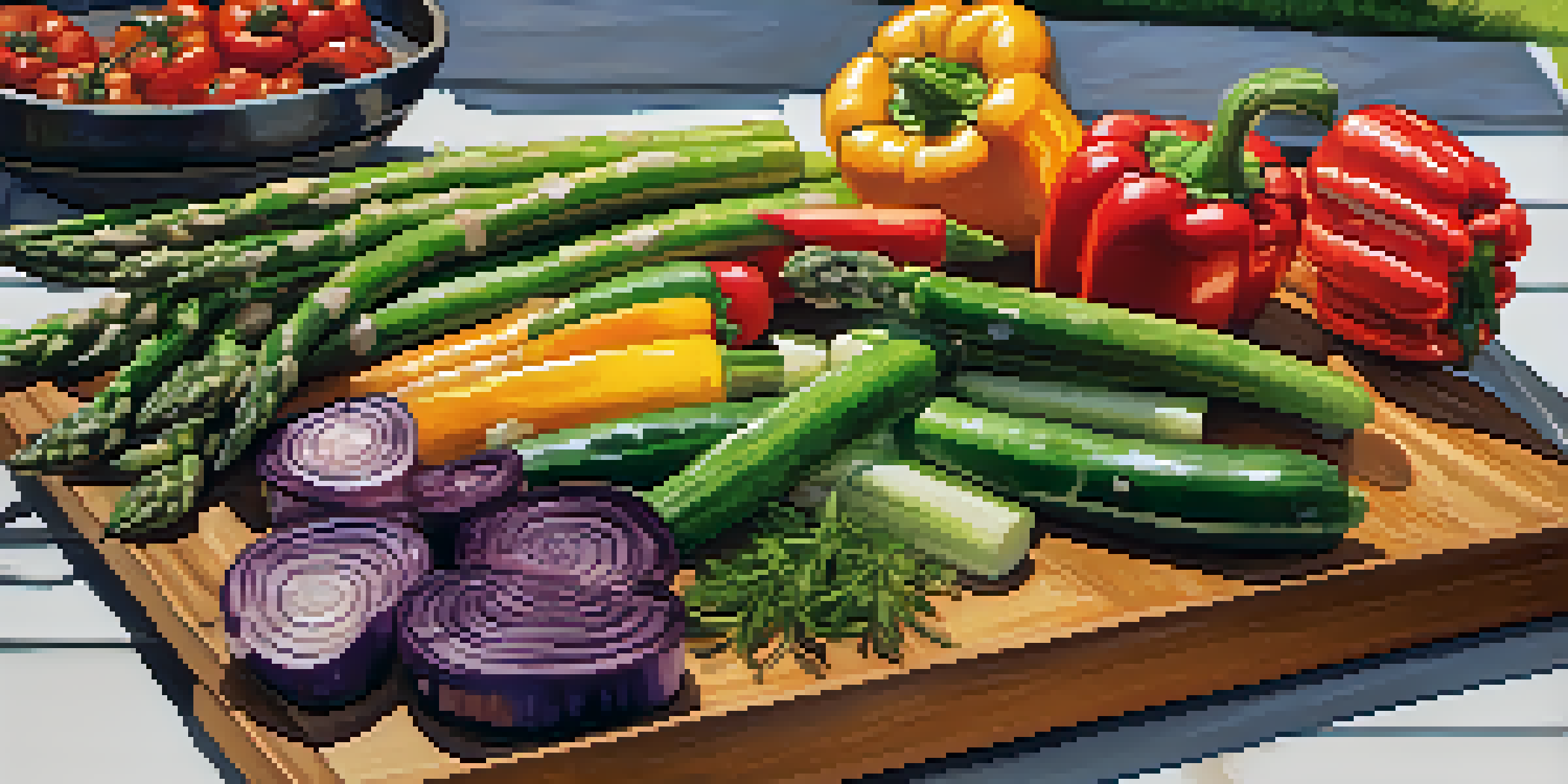 A colorful platter of grilled vegetables like bell peppers, zucchini, and asparagus in a sunny backyard setting with a charcoal grill.