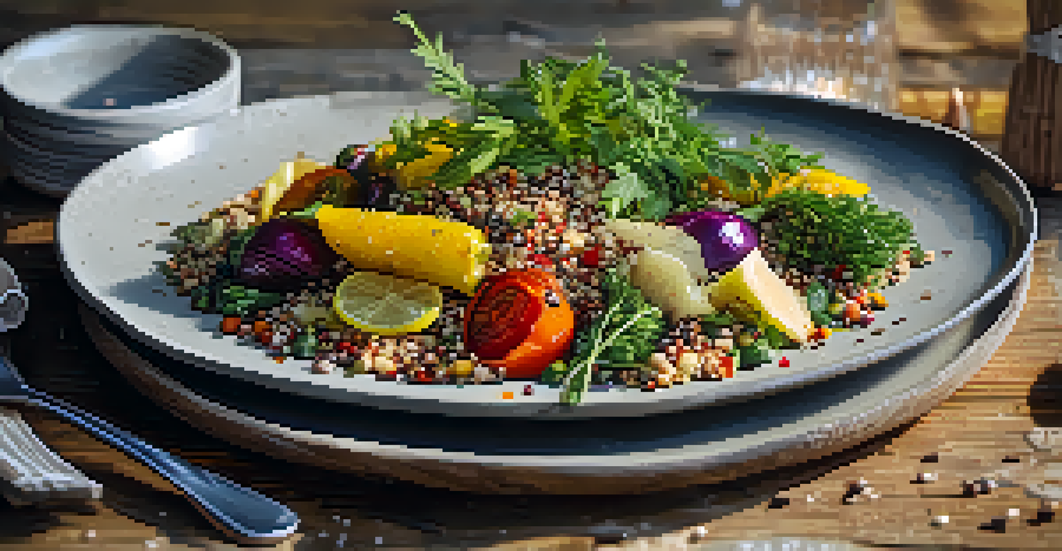 A beautifully plated vegetarian meal with roasted vegetables and quinoa on a rustic table, illuminated by soft natural light.