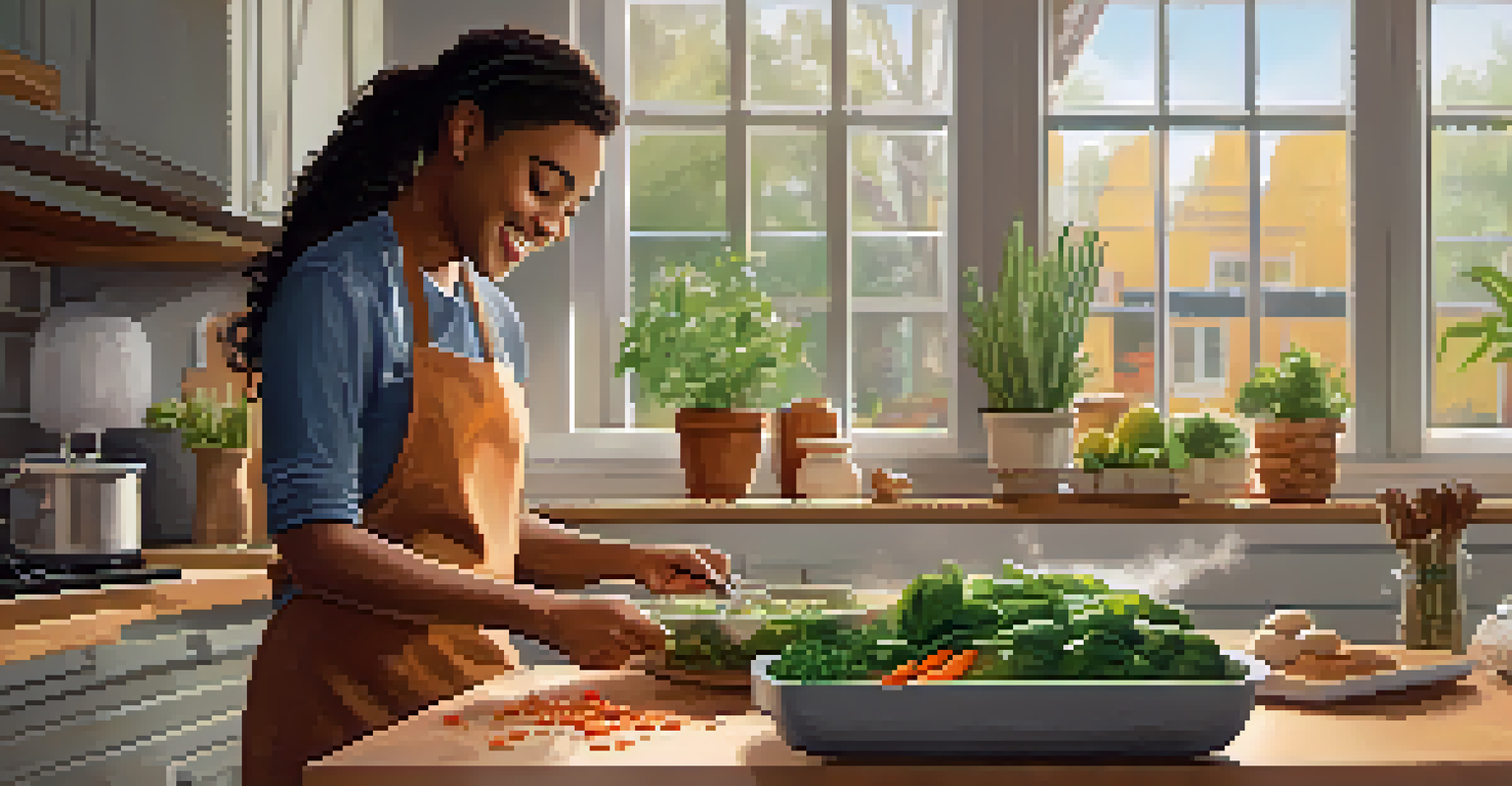 A person in a warm-toned kitchen cooking with fresh vegetables from a meal kit, with a recipe card on the counter.
