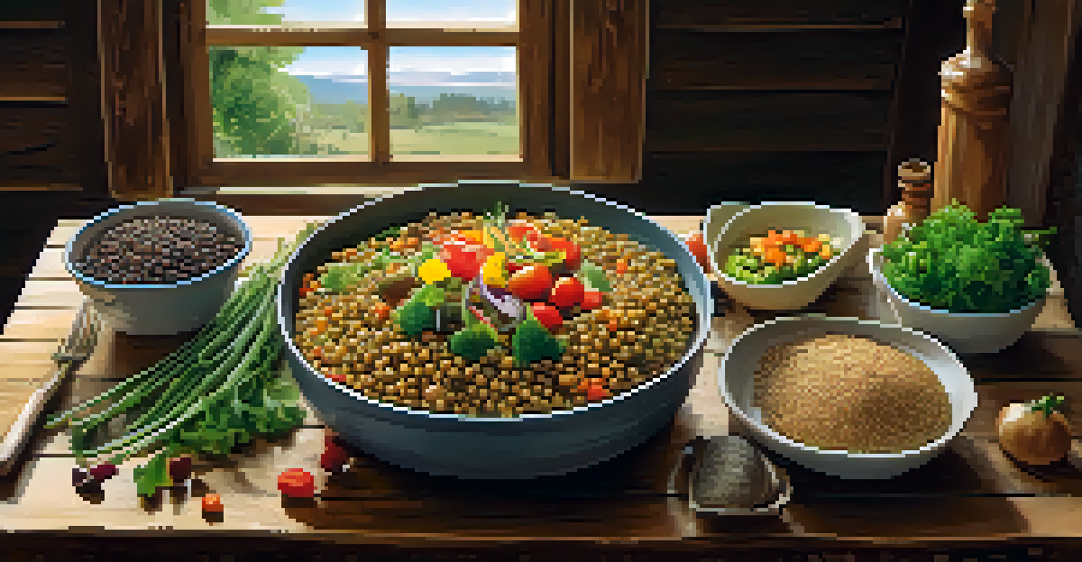A rustic wooden table set with a colorful vegetarian meal, featuring lentils, quinoa, and assorted vegetables, illuminated by natural light.