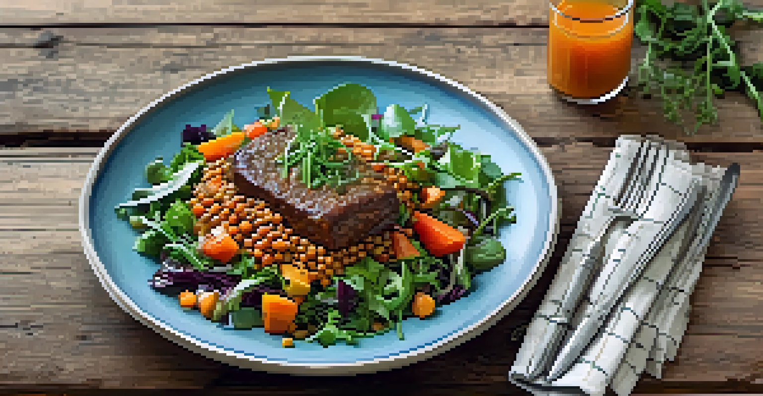 A beautifully presented plate of lentil stew and a fresh salad, showcasing vibrant colors and textures on a rustic wooden table.