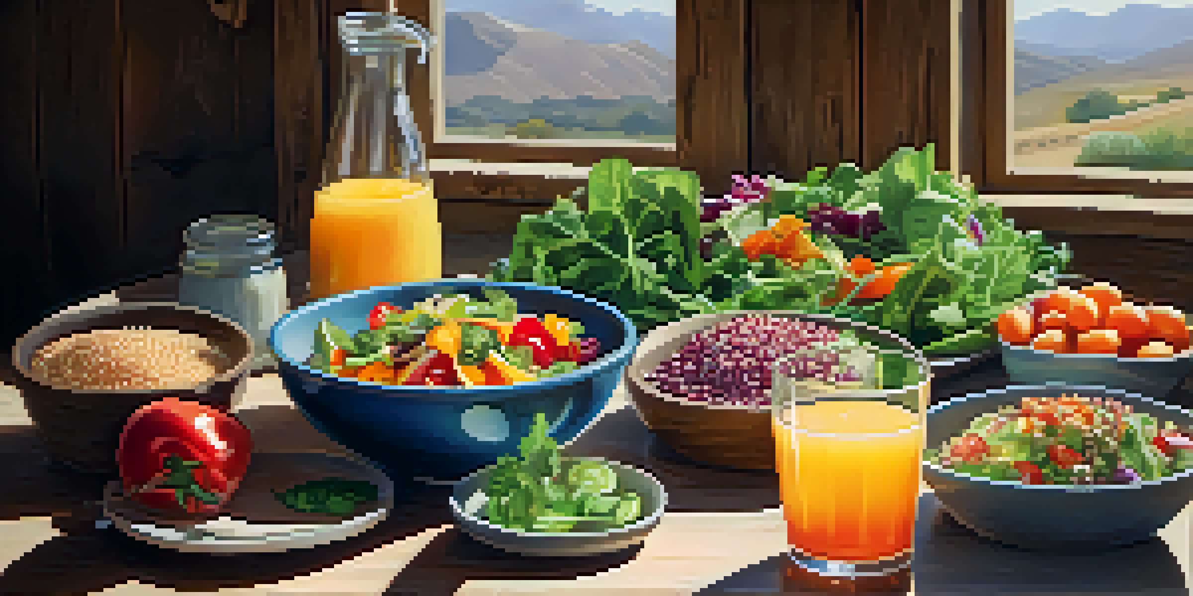 A colorful vegetarian meal including a salad, quinoa, and juice, displayed on a wooden table with natural lighting.