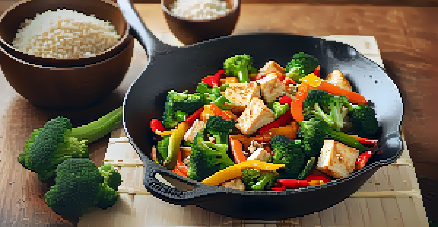 A vegetable stir-fry with tofu in a cast iron skillet, garnished with sesame seeds and green onions, served with brown rice, set in a warm kitchen.