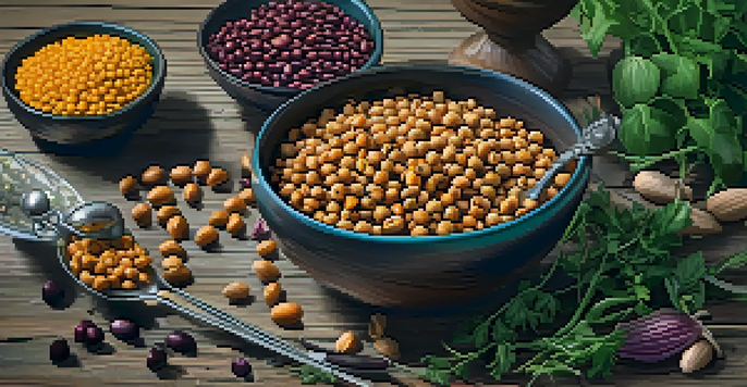 A colorful bowl of various legumes, including lentils, chickpeas, and black beans, on a wooden table.