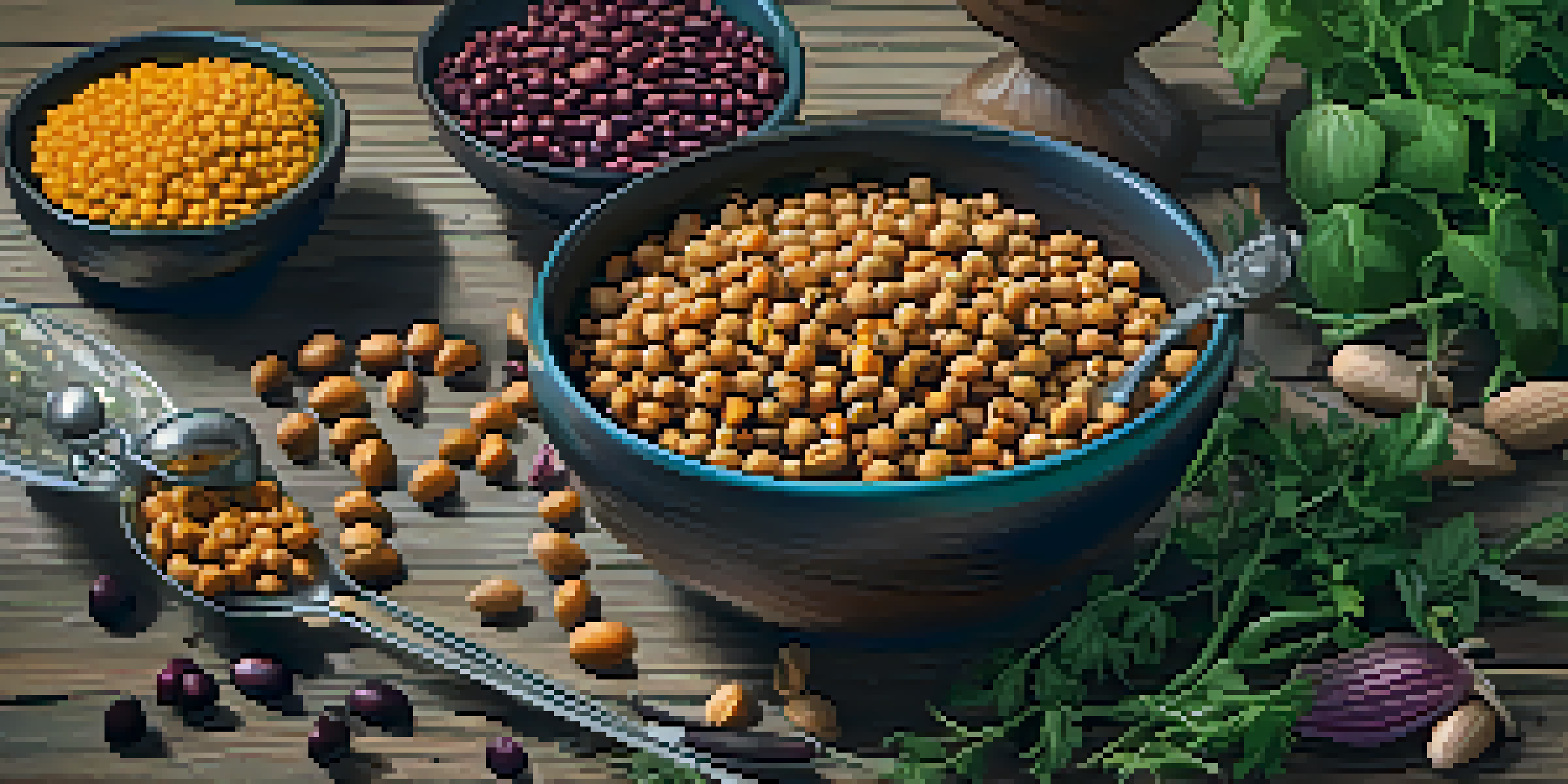 A colorful bowl of various legumes, including lentils, chickpeas, and black beans, on a wooden table.