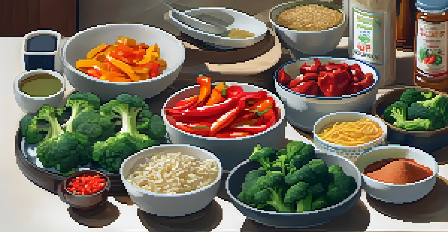 A well-organized kitchen counter with chopped vegetables and sauces prepared for stir-frying.
