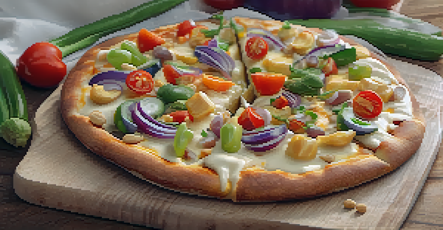 A slice of pizza with melting cashew-based cheese and colorful vegetables on a wooden board.