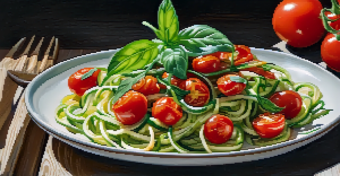 A colorful dish of zucchini noodles with roasted cherry tomatoes and fresh basil on a wooden table, illuminated by sunlight.