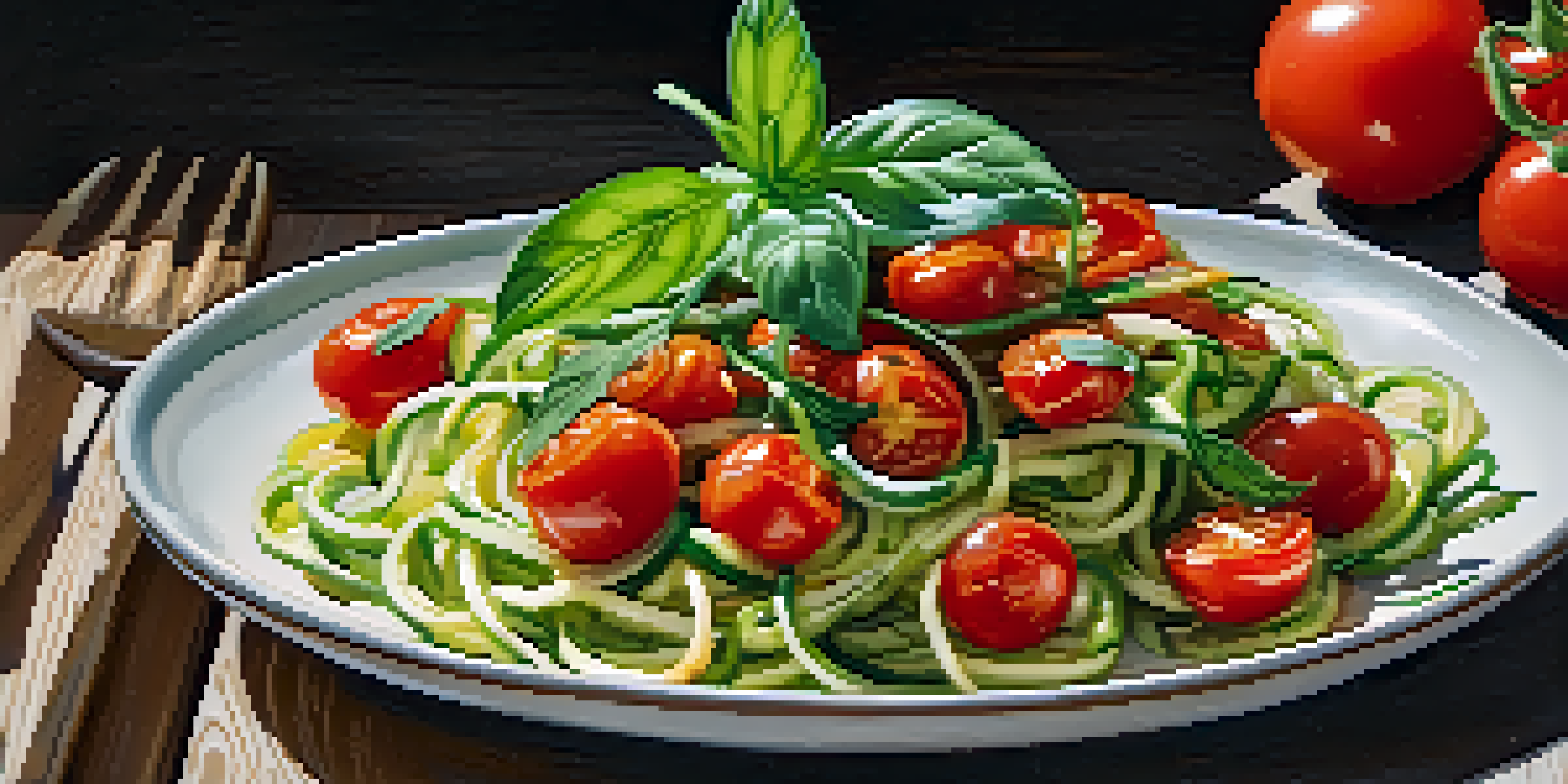 A colorful dish of zucchini noodles with roasted cherry tomatoes and fresh basil on a wooden table, illuminated by sunlight.