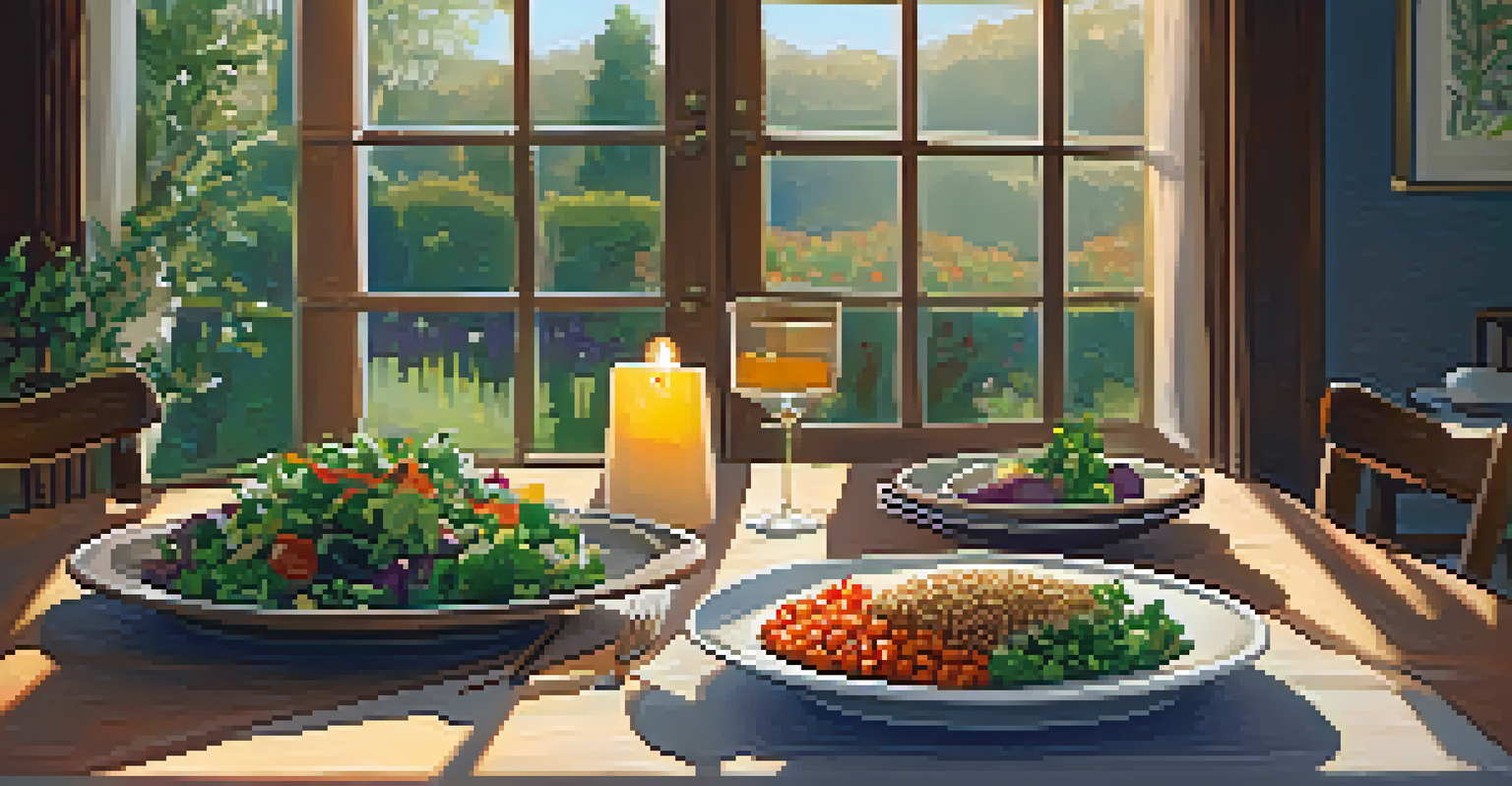 A dining table set with a colorful vegetarian dish and salad, illuminated by soft candlelight with a garden view in the background.