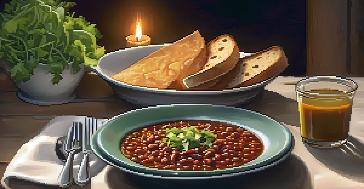 A dining table with a bowl of vegetarian chili, crusty bread, and a fresh salad, all set in a cozy ambiance.