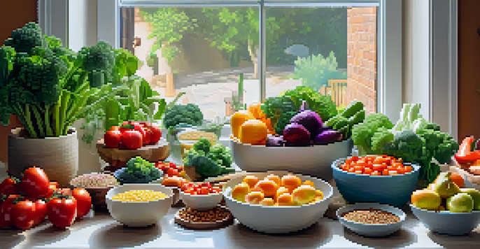 A bright kitchen with fresh vegetables and fruits, and a plant-based meal kit on a wooden countertop, with sunlight streaming in.