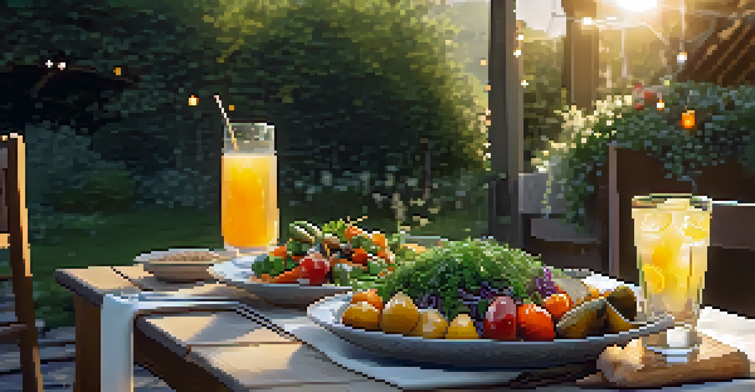 An outdoor dining table with roasted vegetables and salad, surrounded by greenery and fairy lights during golden hour.