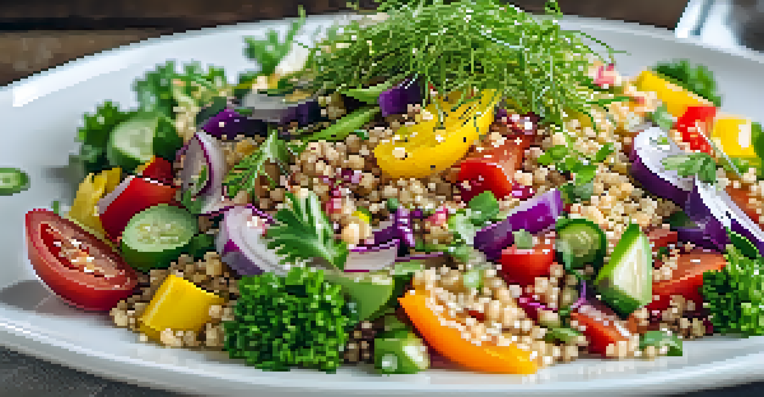 A colorful quinoa salad topped with vegetables and herbs on a white plate, set against a rustic wooden table.