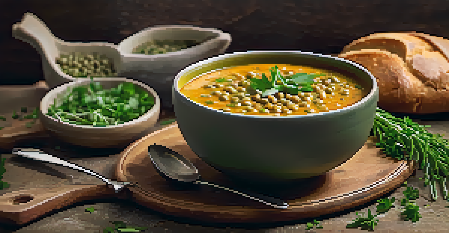 A close-up of a bowl of lentil soup with herbs and whole grain bread, showcasing a cozy meal setting.