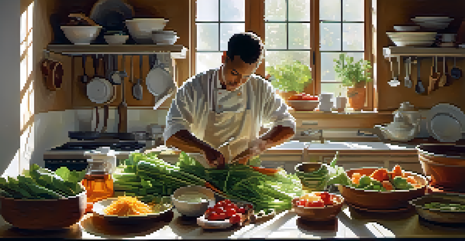 A chef in a kitchen preparing vegetable broth from food scraps, with fresh ingredients and natural sunlight illuminating the scene.