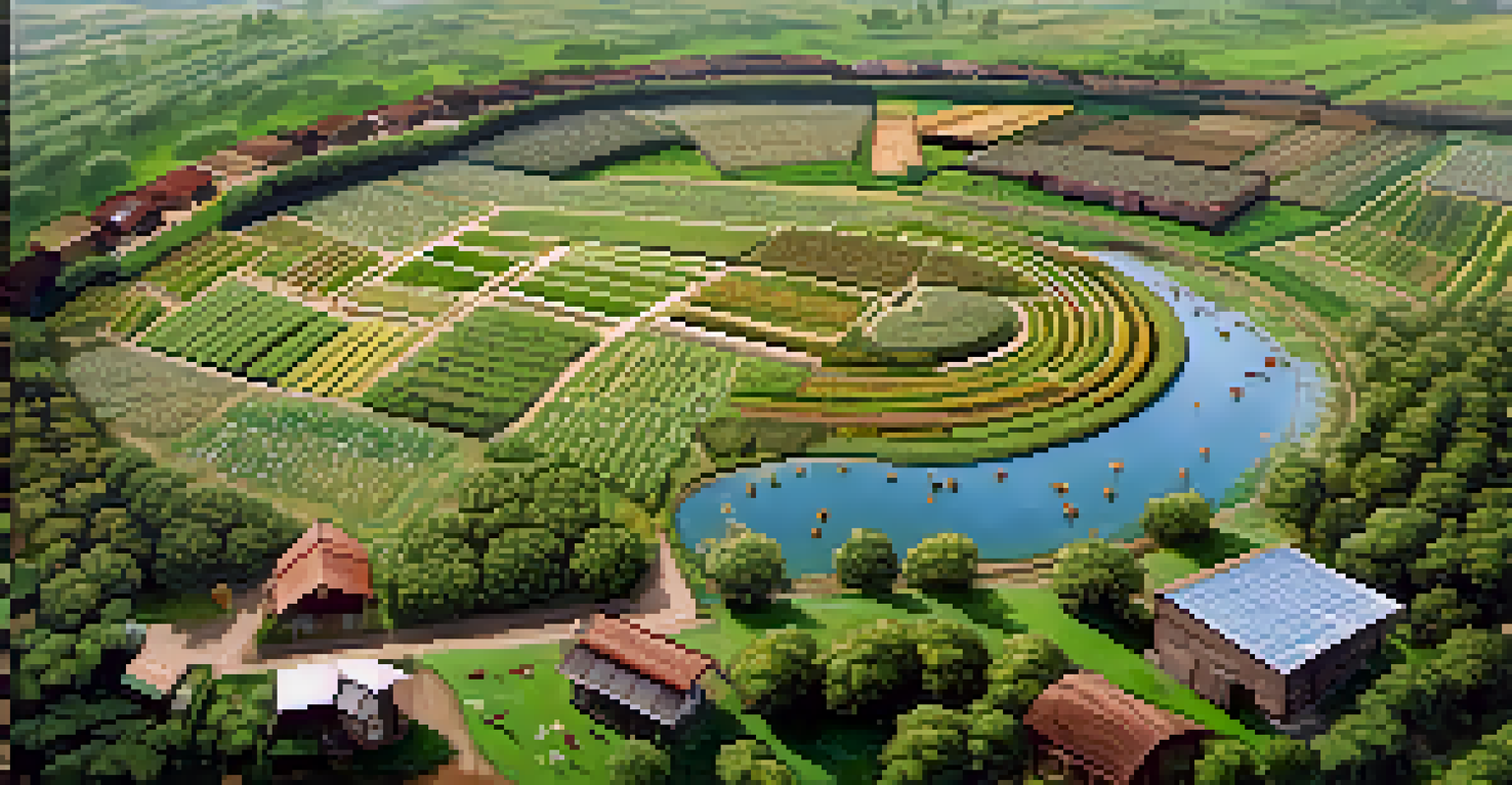 Aerial view of a permaculture farm with diverse crops and trees.