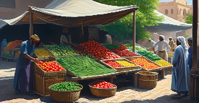 A colorful market stall displaying fresh vegetables and fruits, with a vendor arranging produce in a sunlit setting.