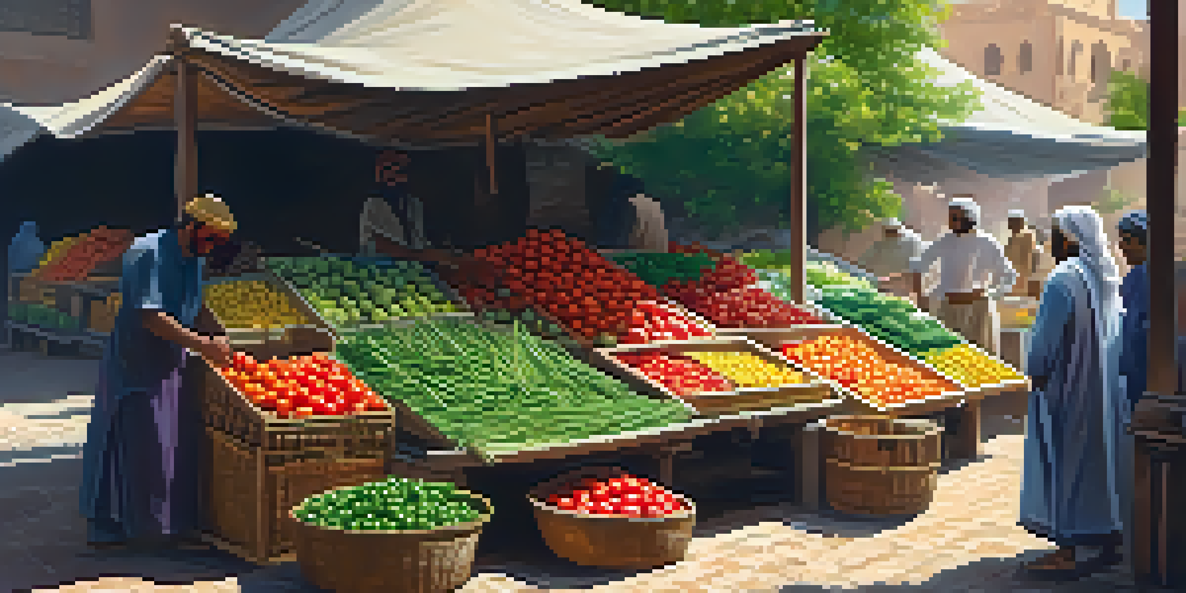 A colorful market stall displaying fresh vegetables and fruits, with a vendor arranging produce in a sunlit setting.