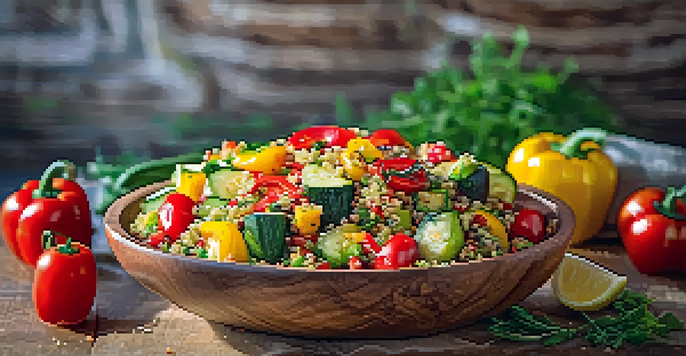 A colorful quinoa salad with roasted vegetables and a drizzle of olive oil, served in a rustic wooden bowl under natural sunlight.