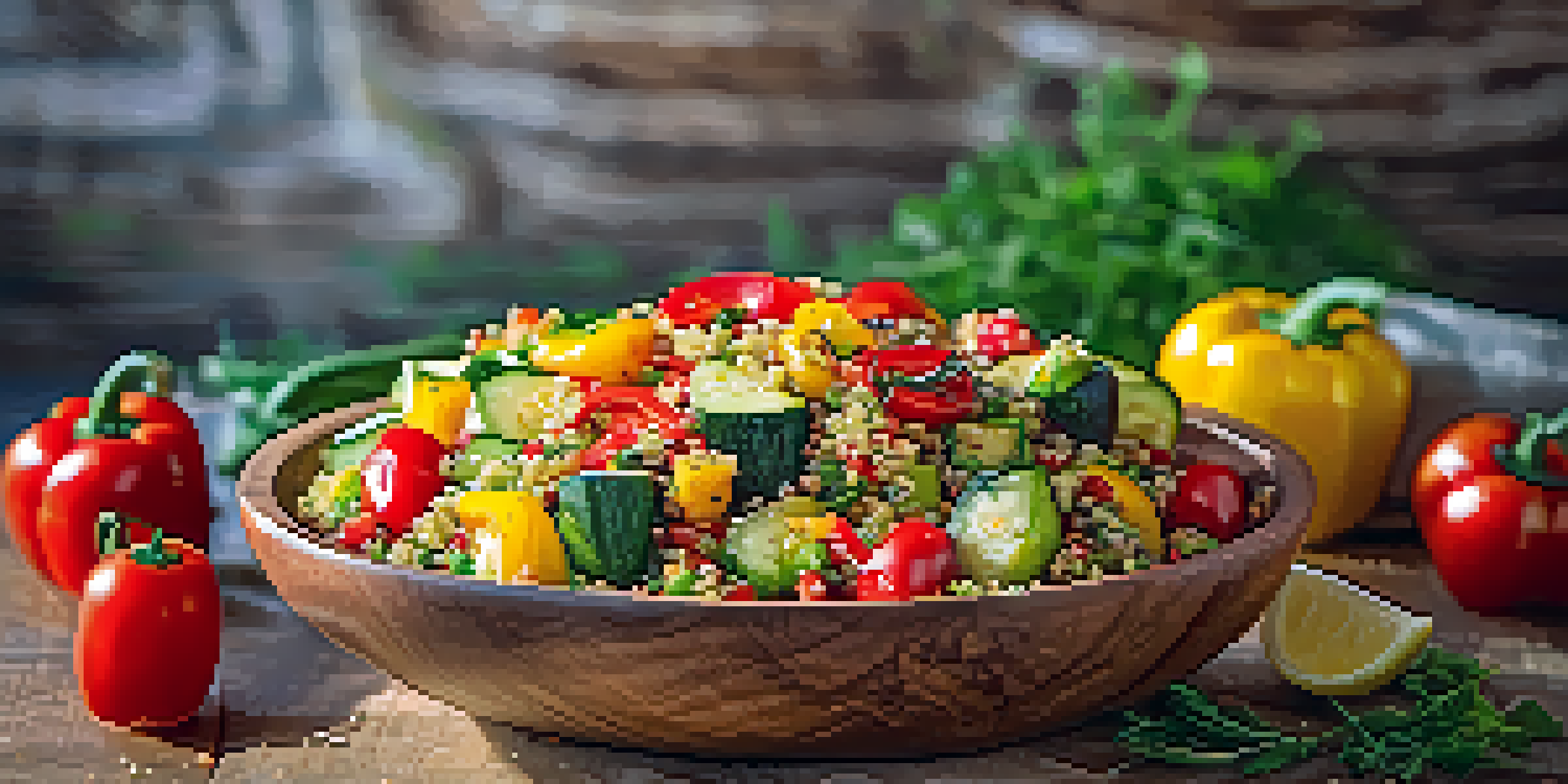 A colorful quinoa salad with roasted vegetables and a drizzle of olive oil, served in a rustic wooden bowl under natural sunlight.