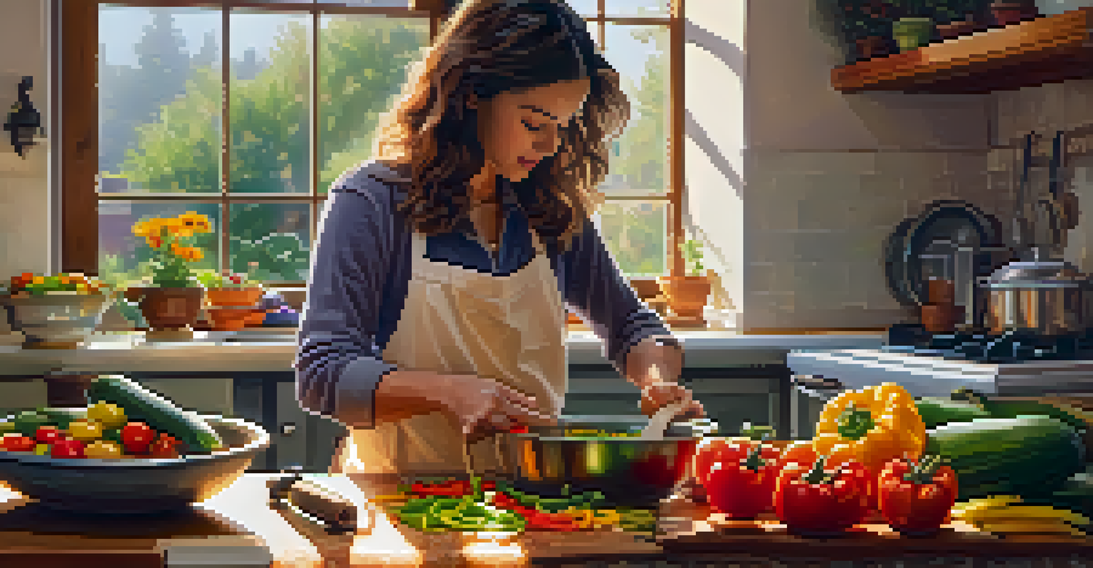 A person cooking a vegetarian pasta dish in a cozy kitchen, surrounded by fresh vegetables and a pot of boiling pasta.