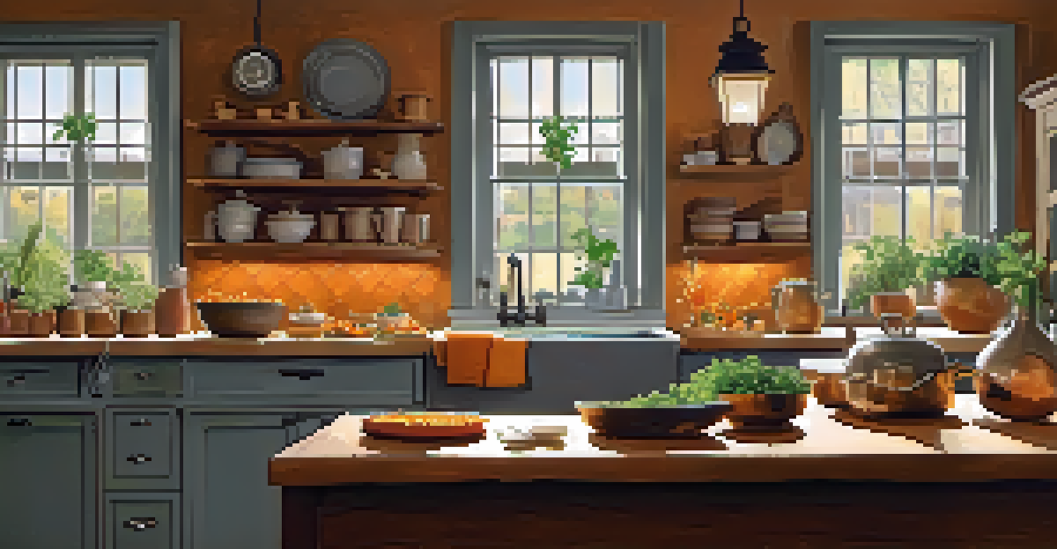 A pot of butternut squash soup on the stove with fresh herbs and spices on the countertop.