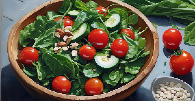 A colorful salad made with leafy greens, cherry tomatoes, and nuts in a wooden bowl, surrounded by fresh herbs.