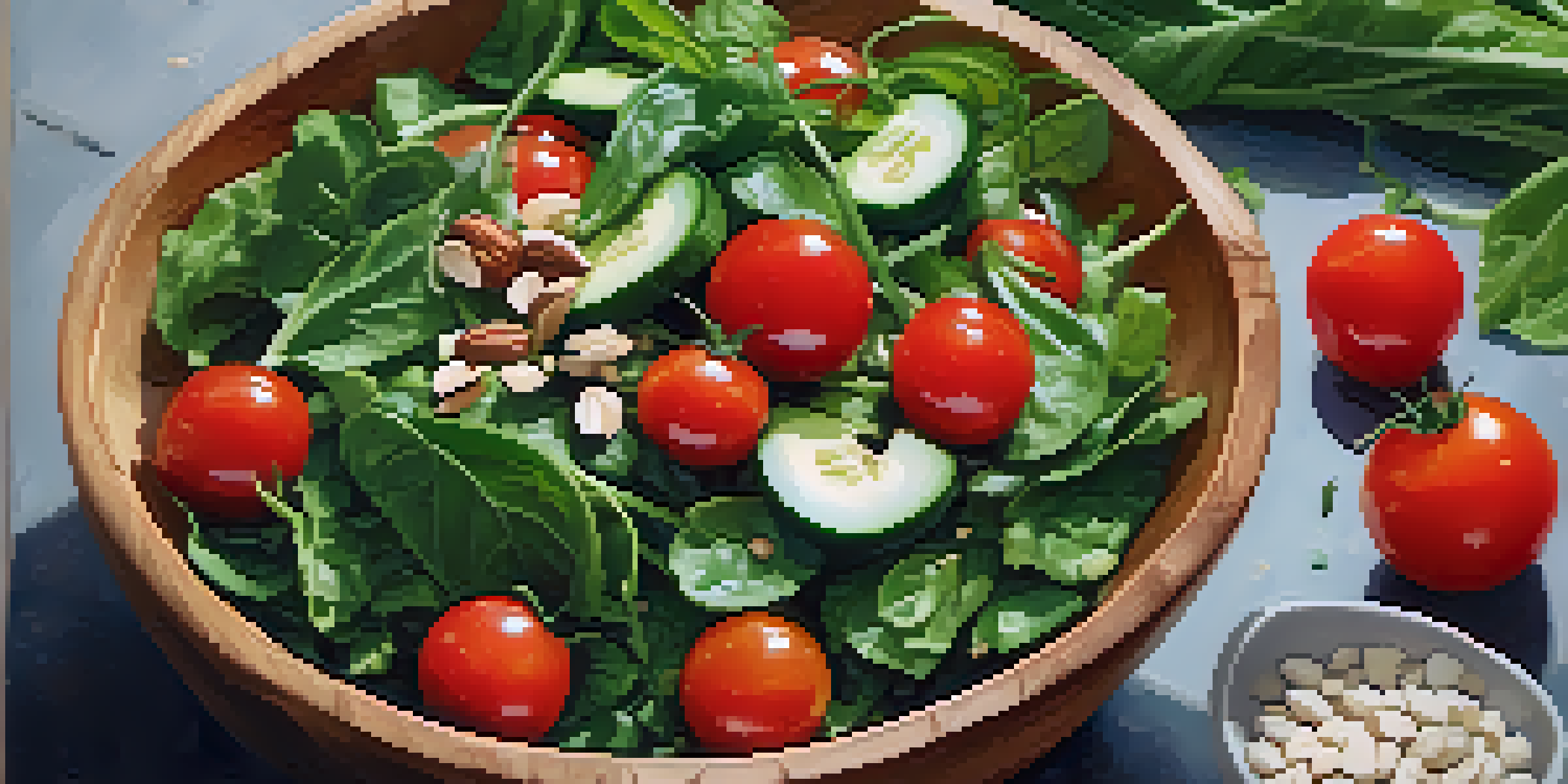 A colorful salad made with leafy greens, cherry tomatoes, and nuts in a wooden bowl, surrounded by fresh herbs.