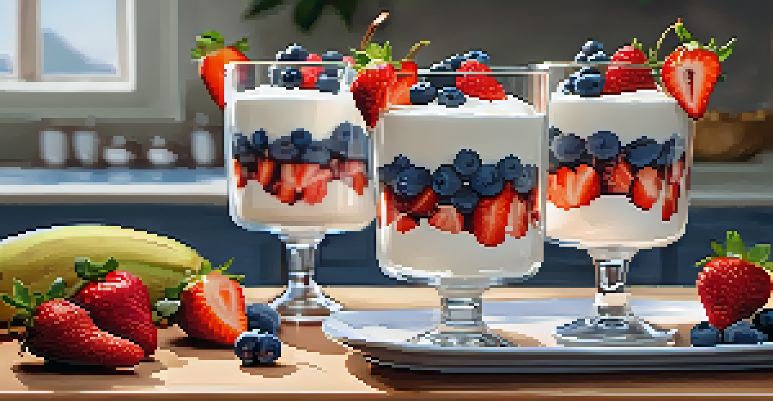 A platter of yogurt parfaits in clear glasses, layered with yogurt, granola, and fresh fruits, set in a cozy kitchen.