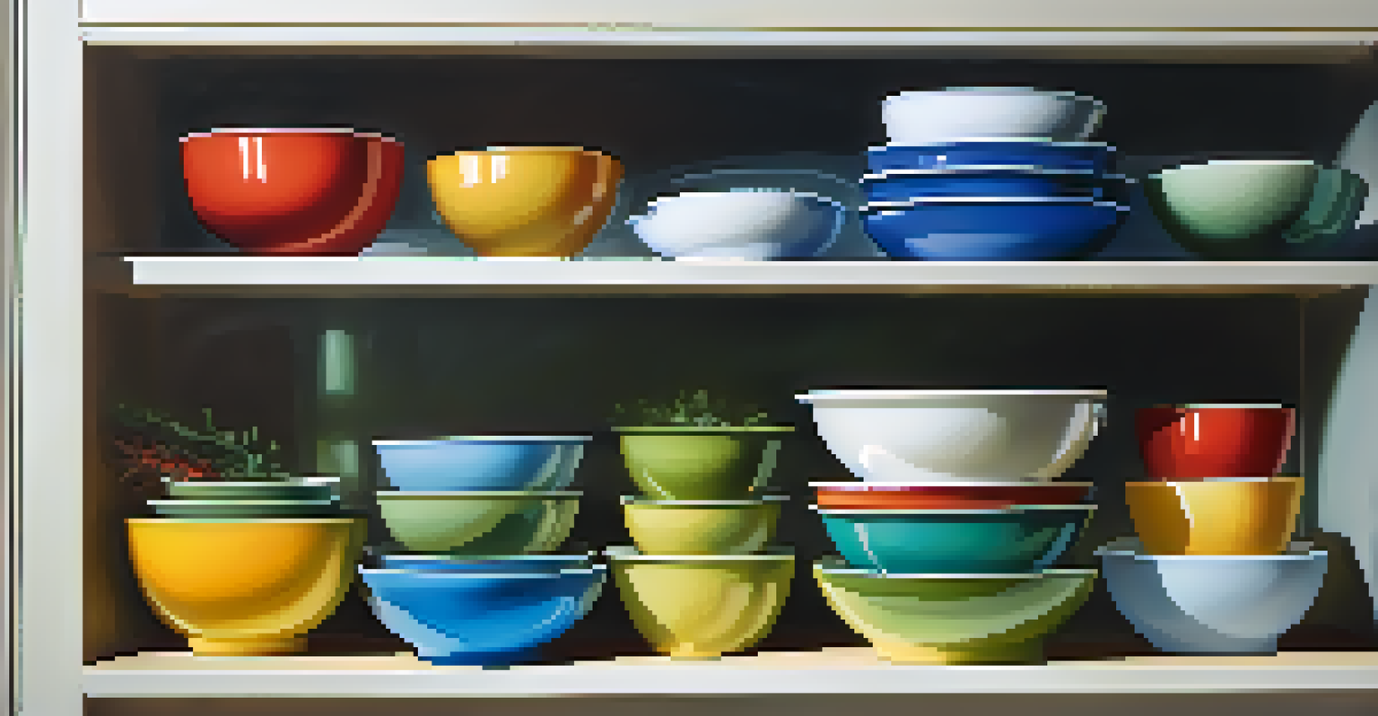 Colorful mixing bowls stacked on a kitchen shelf with spices in the background.