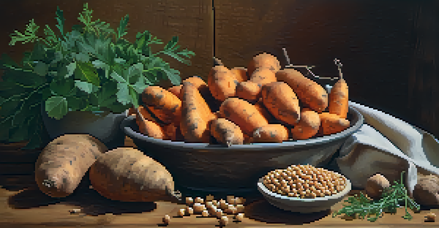 An artistic display of seasonal vegetarian ingredients like sweet potatoes and chickpeas on a wooden surface.