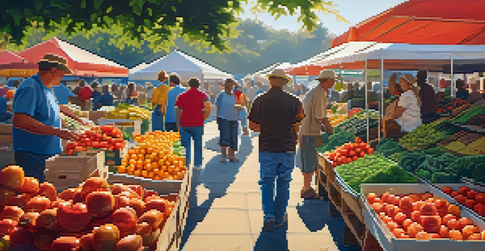 A lively farmer's market filled with colorful vegetables and fruits, with farmers interacting with customers in soft sunlight.