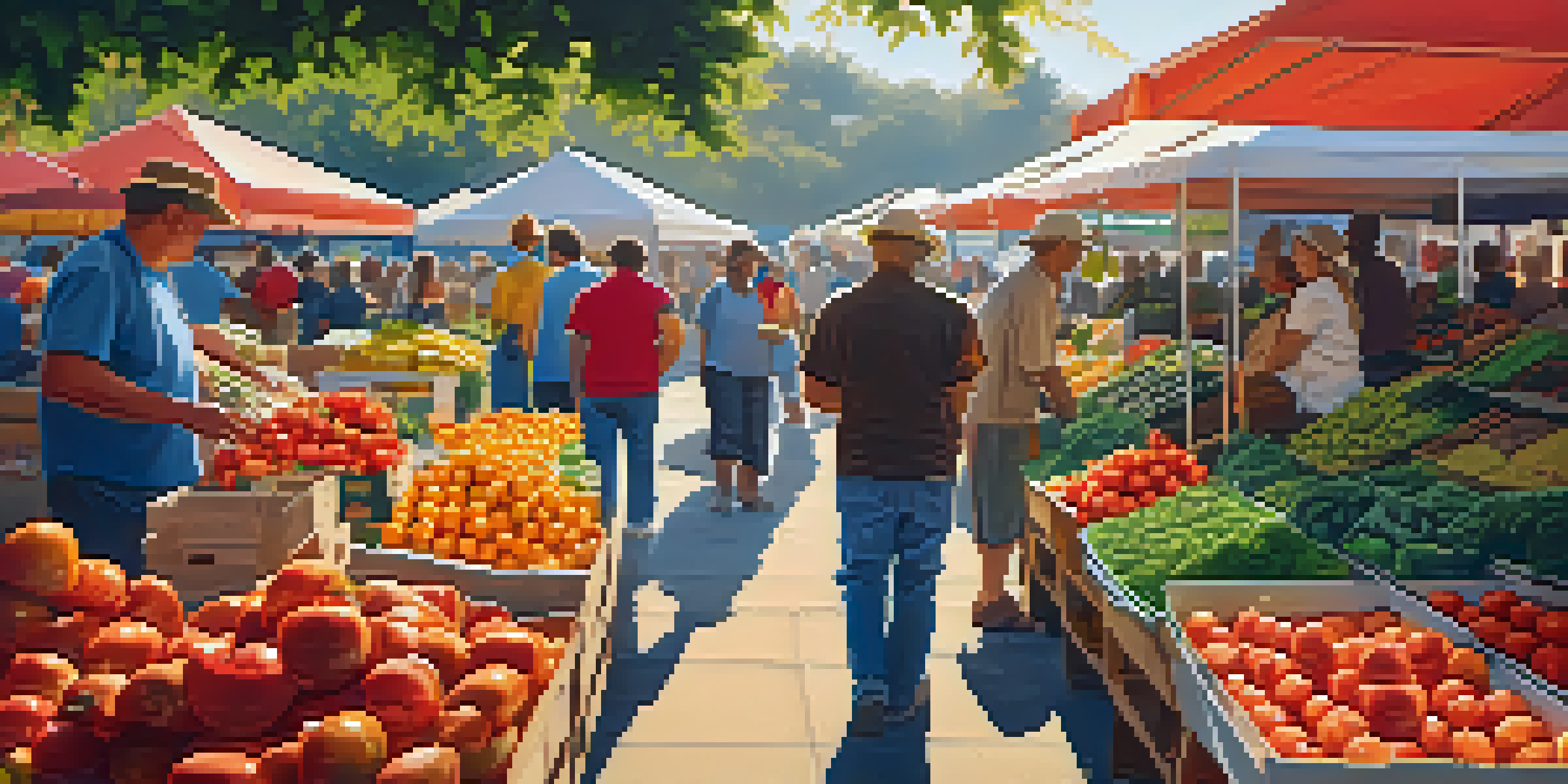 A lively farmer's market filled with colorful vegetables and fruits, with farmers interacting with customers in soft sunlight.