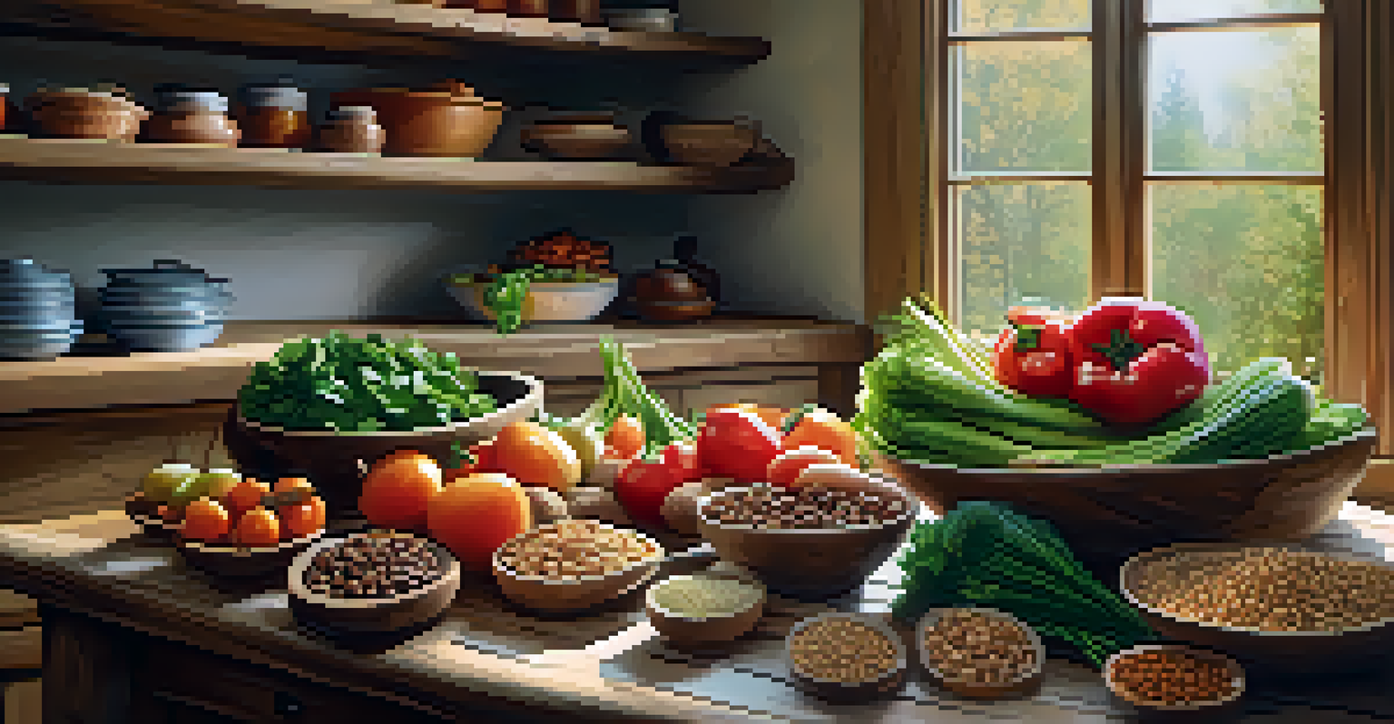 A rustic kitchen table filled with fresh vegetables, grains, and legumes, showcasing a variety of plant-based foods.