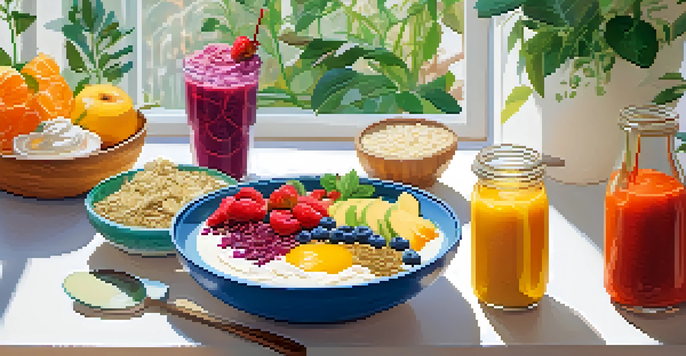 A visually appealing breakfast table with a smoothie bowl, jars of kombucha, and plates of fermented vegetables in a sunlit kitchen.